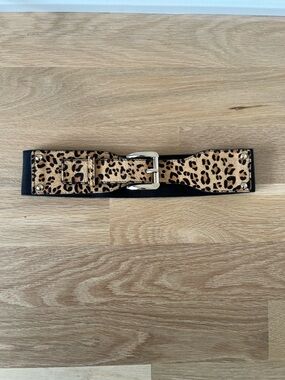 Hair Calf Leopard Print Stretch Waist Belt with Silver Buckle